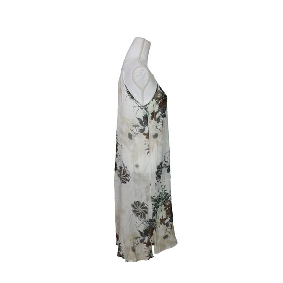 Izuria Linen Midi Dress Floral‎ size XL White Green Tan Midi Lined Sleeveless - Picture 7 of 9